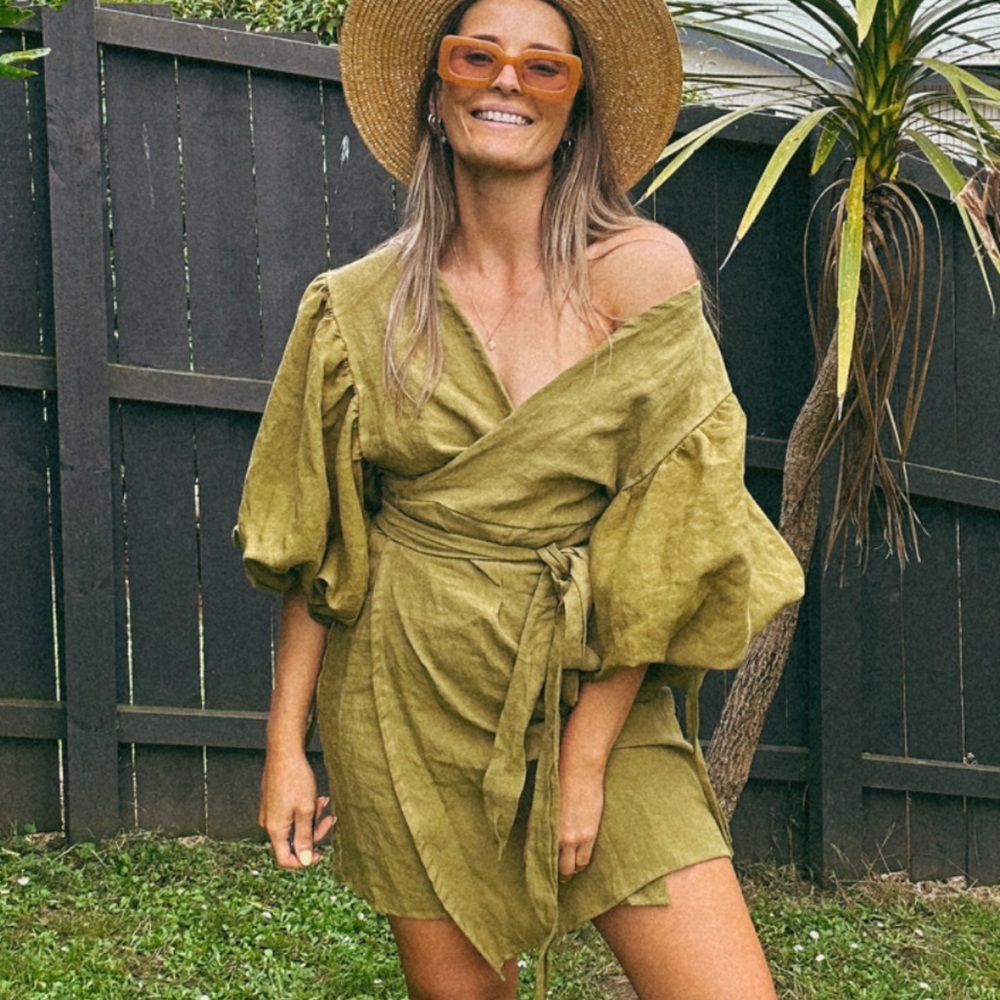 Olivaceous Sage Green linen blend Wrap mini dress elegant puff sleeves V neck